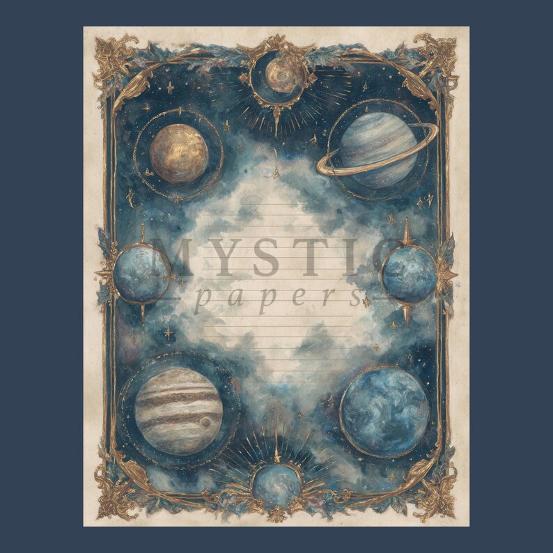 May include: A celestial-themed paper with a dark blue background and a decorative gold border. The design features illustrations of planets and the text "MYSTI papers" in the center. The paper has lined sections for writing.