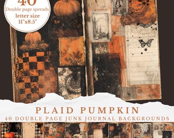 May include: A double-page spread junk journal with a plaid pumpkin theme. The journal features 40 spreads, letter size 11"x8.5", with orange and black backgrounds, pumpkins, and decorative elements. The text "PLAID PUMPKIN" is displayed.