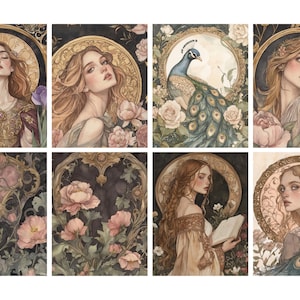 May include: A collection of eight watercolor art prints featuring portraits of women, a peacock, and floral elements. The artwork has a vintage aesthetic with gold accents and a soft color palette of muted tones.