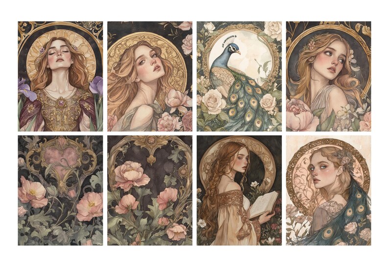 May include: A collection of eight watercolor art prints featuring portraits of women, a peacock, and floral elements. The artwork has a vintage aesthetic with gold accents and a soft color palette of muted tones.