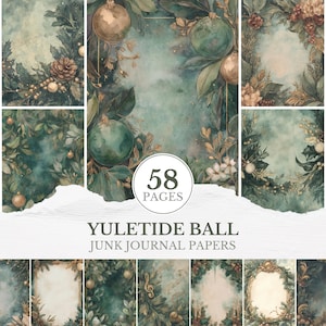 Pu&ograve; includere: Un collage digitale di 58 pagine di carte per junk journal Yuletide Ball. Le carte presentano illustrazioni ad acquerello di ornamenti natalizi, pigne e fogliame nei toni del verde, dell'oro e della crema, con un'estetica vintage.
