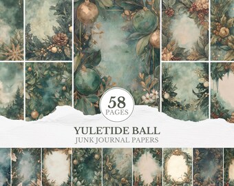 Fogli di carta per diario natalizio, eleganti pagine stampabili di Natale, kit per album di ritagli per le feste vittoriane, foglio collage verde oro
