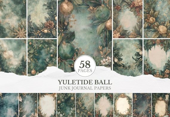Yuletide Ball Junk Journal Papers, Elegant Christmas Printables Pages, Victorian Holiday Scrapbook Kit, Green Gold Collage Sheet