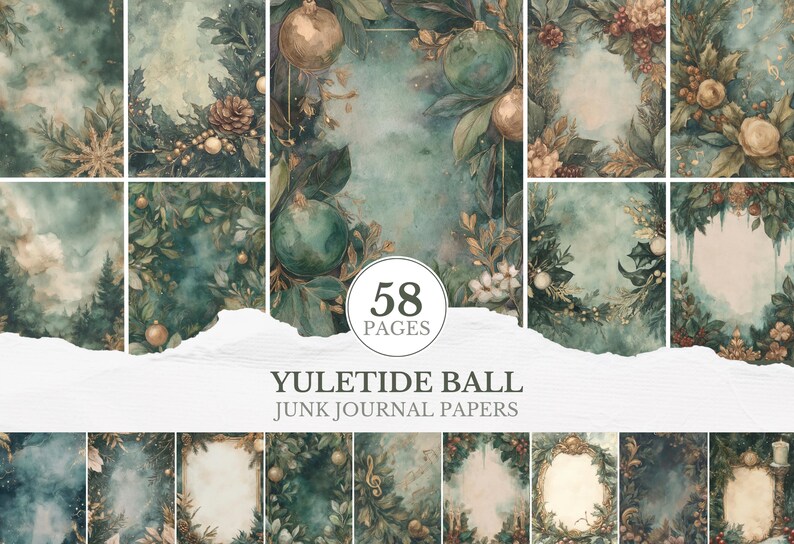 Pu&ograve; includere: Un collage digitale di 58 pagine di carte per junk journal Yuletide Ball. Le carte presentano illustrazioni ad acquerello di ornamenti natalizi, pigne e fogliame nei toni del verde, dell'oro e della crema, con un'estetica vintage.