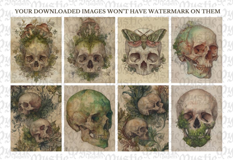 May include: A collection of eight watercolor illustrations featuring skulls with botanical elements. The skulls are depicted in various states of decay, with some adorned with mushrooms, foliage, or a moth. The color palette includes earthy tones of green, brown, and beige.