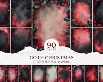 May include: A collection of digital papers with a gothic Christmas theme. The designs feature a blend of red, black, and gray hues, with decorative elements like skulls and holly. The text on the image reads "GOTH CHRISTMAS JUNK JOURNAL PAPERS" and "90 PAGES".