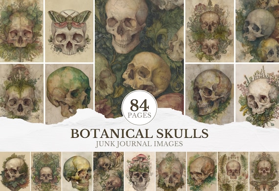 Botanical Skull Paper Grunge Distressed Botanical Anatomy Digital Papers Forest Gothic Dark Botanical Art Junk Journal Pages Ephemera