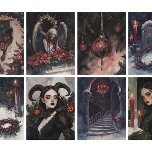 May include: A collection of eight watercolor paintings with a gothic Christmas theme. The images feature a wolf, an angel, ornaments, candles, a woman, and a staircase, all in a dark, muted color palette with red accents.
