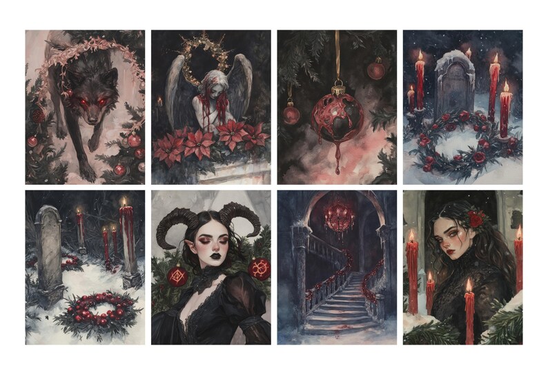 May include: A collection of eight watercolor paintings with a gothic Christmas theme. The images feature a wolf, an angel, ornaments, candles, a woman, and a staircase, all in a dark, muted color palette with red accents.