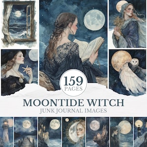 May include: A collection of 159 pages titled MOONTIDE WITCH JUNK JOURNAL IMAGES featuring watercolor-style illustrations of moons, lighthouses, owls, and figures in dark blue tones. The images depict various scenes with nautical and mystical themes.