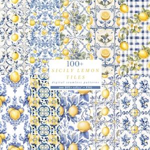 Motivo senza soluzione di continuità con limoni mediterranei, carta digitale con limoni acquerellati, clipart di piastrelle siciliane, sfondo estivo italiano, piastrelle blu e gialle
