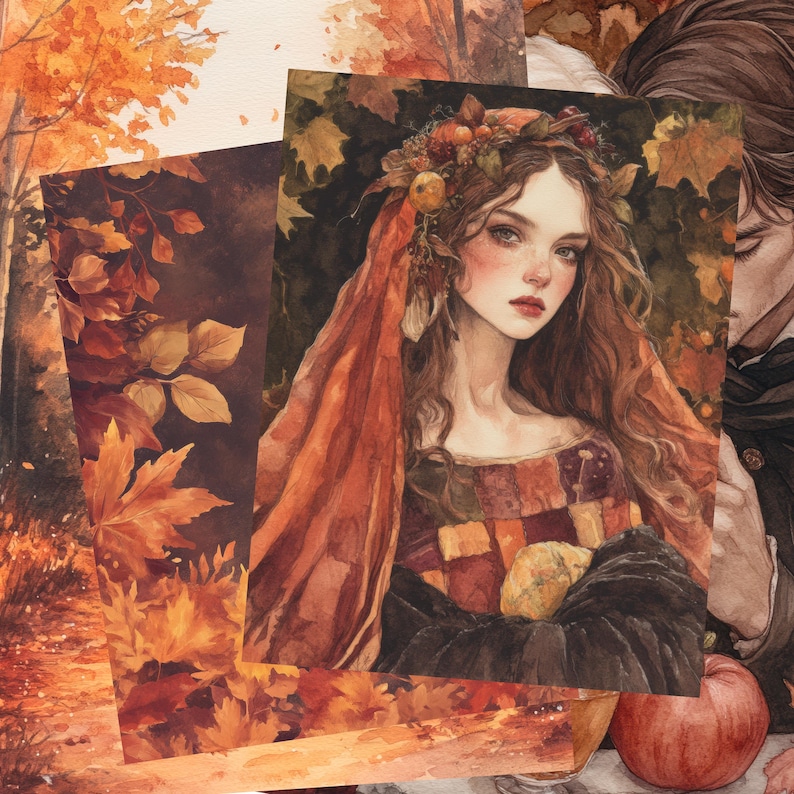 May include: Watercolor art print featuring a woman with long auburn hair, adorned with a floral crown and draped in a red shawl. The artwork has a fall theme, with warm colors and autumn leaves. The print is layered with other fall-themed art.