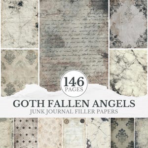 May include: A collection of 146 pages of vintage-style paper backgrounds. The papers feature distressed textures, faded colors, and gothic-inspired patterns, including damask and floral designs. The text "GOTH FALLEN ANGELS" is displayed.