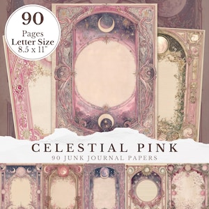 May include: Celestial Pink junk journal papers. The papers feature a celestial design with moons, stars, and ornate frames in shades of pink, purple, and cream. The papers are letter size, 8.5 x 11 inches, with 90 pages.