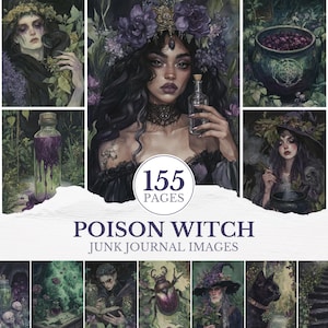 May include: A collection of fantasy-themed digital art images with a dark, gothic aesthetic. The images feature witches, potions, and mystical creatures. The text "POISON WITCH" and "155 PAGES" are visible. The overall color palette is dark with shades of purple and green.