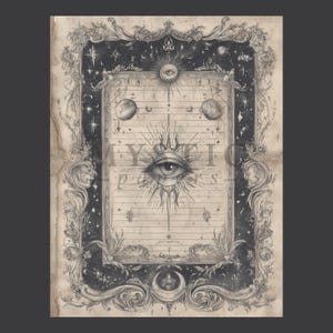 May include: A detailed black and white illustration featuring an eye with radiating lines, surrounded by celestial elements. The artwork includes planets, stars, and floral border details, with the text "YIYI papers" visible.