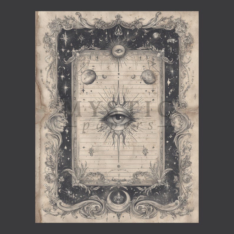 May include: A detailed black and white illustration featuring an eye with radiating lines, surrounded by celestial elements. The artwork includes planets, stars, and floral border details, with the text "YIYI papers" visible.