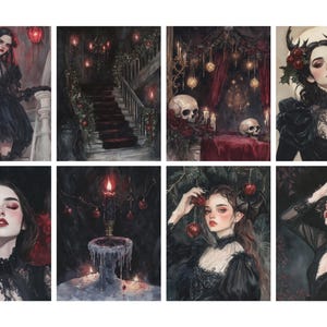 May include: A collection of eight gothic-themed art prints. Each print features a woman in dark attire, with red accents, skulls, candles, and ornate settings. The artwork evokes a dark, romantic aesthetic, suitable for wall decor.