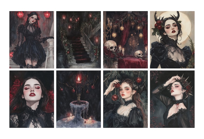 May include: A collection of eight gothic-themed art prints. Each print features a woman in dark attire, with red accents, skulls, candles, and ornate settings. The artwork evokes a dark, romantic aesthetic, suitable for wall decor.