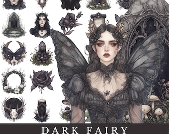 Dark Elven Fairy Clipart Bundle Gothic Fairies Graphics Mystic Fairycore Fantasy Witchy Forest Faery PNG Commercial Use Junk Journal Sickers