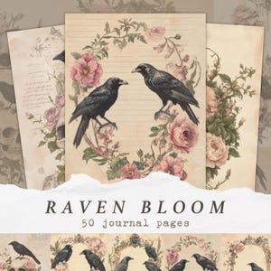Papel de álbum de recortes con diseño de cuervos florales, páginas de diario de primavera gótica, páginas de diario basura gótica, papel de álbum de recortes digital, flores, calaveras, cuervos, recortes vintage