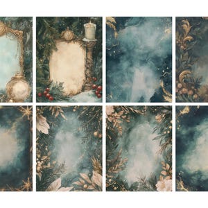 Pu&ograve; includere: Una collezione di otto stampe d'arte digitale a tema invernale vintage. Ogni stampa presenta una tavolozza di colori verde acqua e oro con cornici ornate, elementi botanici e uno sfondo morbido ed etereo. Adatto per arte murale o design digitale.