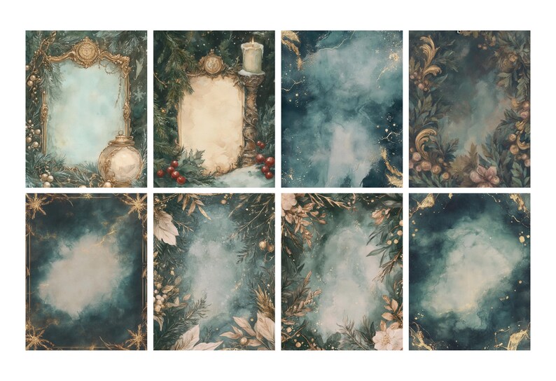 Pu&ograve; includere: Una collezione di otto stampe d'arte digitale a tema invernale vintage. Ogni stampa presenta una tavolozza di colori verde acqua e oro con cornici ornate, elementi botanici e uno sfondo morbido ed etereo. Adatto per arte murale o design digitale.
