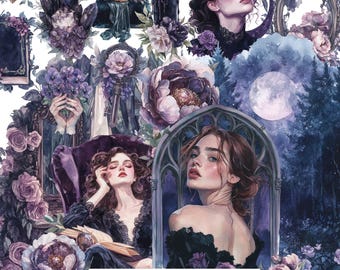 Dark Academia Gothic Romance Clipart PNG Bundle, Junk Journal Printable Stickers Scrapbooking Craft Digital Victorian Ladies Goth Vintage