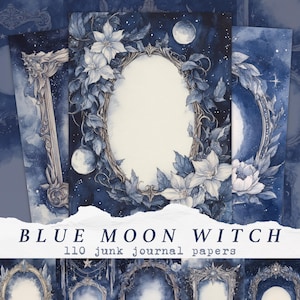 Blue Moon Witch ongewenste dagboekpagina's, Witchy Grimoire afdrukbaar papier, maangodin digitale scrapbooking benodigdheden, schroot magische ephemera set