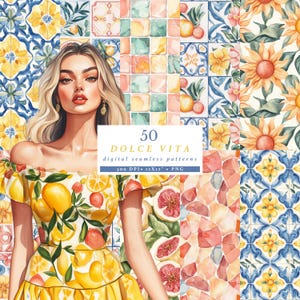 Motivo senza soluzione di continuità Dolce Vita, carta digitale estiva italiana, clipart di piastrelle mediterranee, stampa della Costiera Amalfitana, PNG a sublimazione di agrumi
