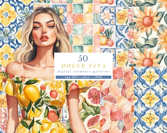 Dolce Vita Seamless Pattern, Italian Summer Digital Paper, Mediterranean Tile Clipart, Amalfi Coast Print, Citrus Sublimation PNG