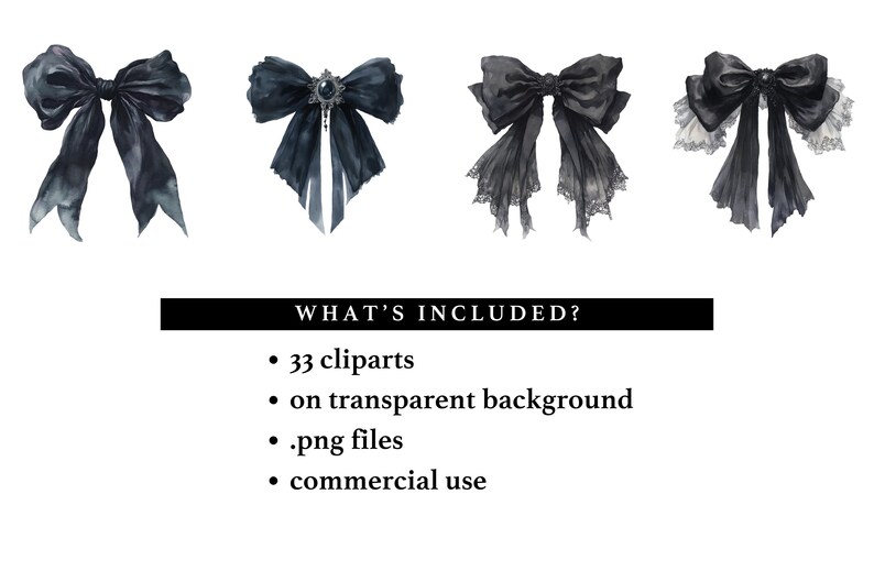 Peut inclure: Quatre n&oelig;uds noirs en aquarelle avec diff&eacute;rents styles et embellissements. Les n&oelig;uds sont sur un fond blanc.  WHAT'S INCLUDED? &bull; 33 cliparts &bull; sur fond transparent &bull; fichiers .png &bull; utilisation commerciale