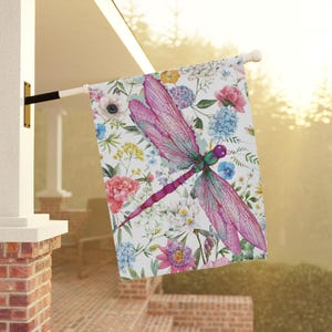 Garden & House Banner, dragonfly flag, double sided flag, gardener gift, house warming gift, custom yard decor, outdoor house seasonal flag