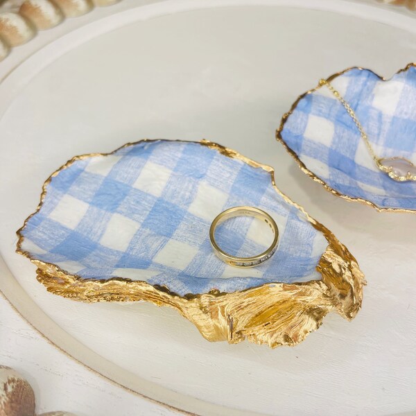 Decorative Oyster Shell Trinket Dish: Jewelry, Coastal and Grand Millennial home decor, Original recycled handmade gift, decor, art, gingham