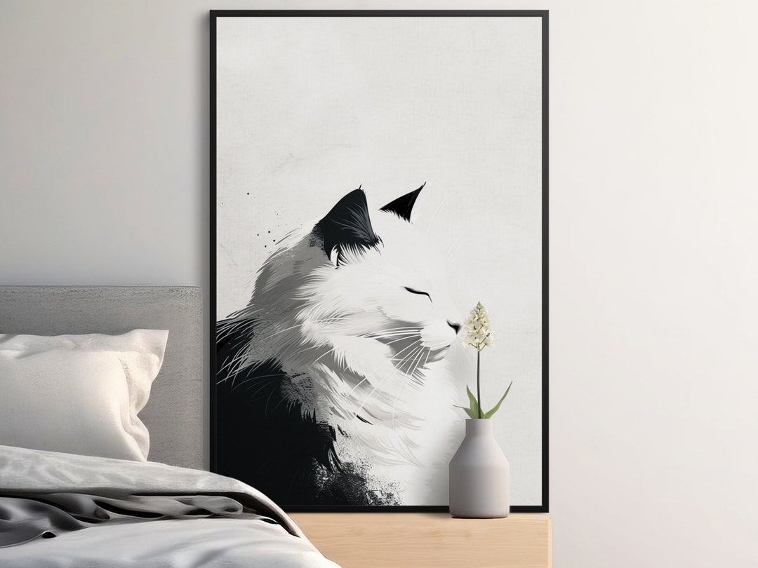 Black and White Cat Art Print, Minimalist Cat Wall Art, Modern Digital ...