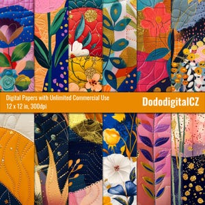 May include: A collection of colorful digital papers with floral and abstract designs. The papers feature a variety of colors, including blue, orange, pink, and gold. The text "Digital Papers with Unlimited Commercial Use" is displayed on an orange banner. The papers are 12 x 12 inches.