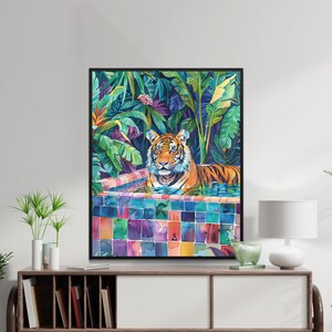 Colorful Tiger Art Print, Printable Wall Art, Modern Jungle Decor, Animal Poster, Tropical Tiger Illustration, Digital Download JPEG