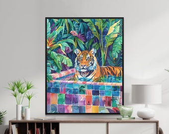 Bunter Tiger Art Print, druckbare Wandkunst, modernes Dschungel-Dekor, Tierposter, tropische Tiger Illustration, digitaler Download JPEG