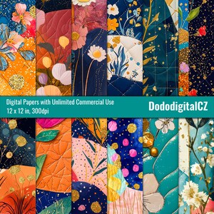 May include: A collection of digitally designed papers with floral and abstract patterns. The papers feature a variety of colors, including orange, blue, pink, and gold. The text "Digital Papers with Unlimited Commercial Use" and "12 x 12 in, 300dpi" is visible.