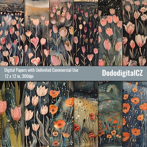 Papier numérique Champs de tulipes | Utilisation commerciale illimitée | Papier à motifs | texturés | Fleurs | Nuit | Rose | Féminin | Album | Imprimable