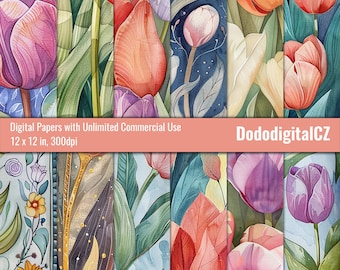 Op de afbeelding: Een verzameling digitale papieren met aquarel illustraties van tulpen in verschillende kleuren, waaronder roze, oranje en paars. De papieren zijn 30,48 x 30,48 cm groot en hebben een resolutie van 300 dpi. De tekst "Digital Papers with Unlimited Commercial Use" wordt weergegeven.