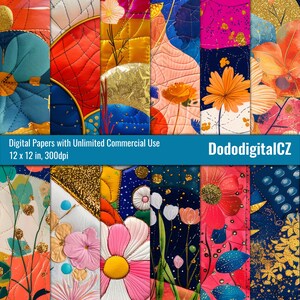 May include: A collection of digital papers with floral and abstract designs. The papers feature a variety of colors, including red, blue, pink, and gold. The text "Digital Papers with Unlimited Commercial Use 12 x 12 in, 300dpi" is displayed on a blue banner. The seller's name, "DododigitalCZ", is also visible.