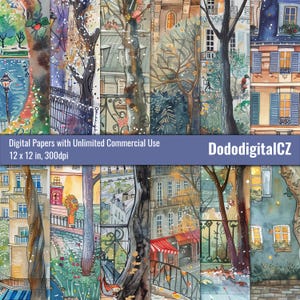 Könnte beinhalten: Eine Sammlung von Aquarell-Digitalpapieren mit europäischen Stadtlandschaften mit Gebäuden, Bäumen und Straßenszenen. Die Papiere sind 30,5 x 30,5 cm und 300 dpi. Der Text auf dem Bild lautet "Digital Papers with Unlimited Commercial Use" und "DododigitalCZ."