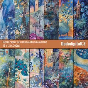 Może przedstawiać: Zestaw 12 cyfrowych papierów z akwarelowymi ilustracjami fantastycznych krajobrazów z zamkami, drzewami i kwiatami w odcieniach niebieskiego, zielonego i fioletowego. Papiery mają rozmiar 30,5 x 30,5 cm i rozdzielczość 300 dpi. Cyfrowe papiery z nieograniczonym użyciem komercyjnym.