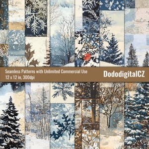 May include: A selection of winter-themed seamless patterns in blue, white, and brown. The designs include snowy landscapes, trees, and snowflakes. The image text reads "Seamless Patterns with Unlimited Commercial Use 12 x 12 in, 300dpi" and "DododigitalCZ". Each pattern is 30.48 cm x 30.48 cm.