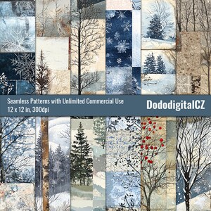 Op de afbeelding: Een verzameling naadloze patronen met winterthema. De ontwerpen bevatten bomen, sneeuwvlokken en abstracte texturen in tinten blauw, wit en bruin. De tekst luidt "Seamless Patterns with Unlimited Commercial Use 12 x 12 in, 300dpi" en "DododigitalCZ".