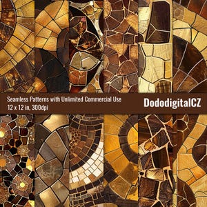 Könnte beinhalten: Vier nahtlose digitale Papiermuster mit einem Mosaikdesign in Braun- und Goldtönen. Jedes Muster ist 12 x 12 Zoll groß und hat 300 dpi.