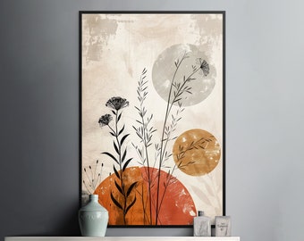 Abstract Botanical Print, Circle and Flower Art, Minimalist Wall Art, Modern Home Decor, Printable Poster, High Quality Digital Download