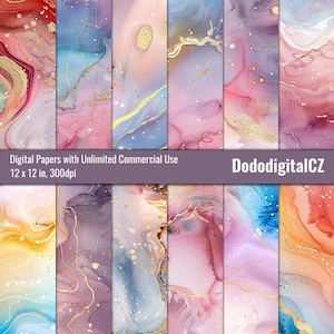 Puede incluir: Conjunto de 12 papeles digitales con diseños abstractos de acuarela y acentos dorados. Los papeles miden 30,48 x 30,48 cm y 300 dpi. Papeles digitales con uso comercial ilimitado.