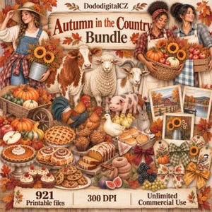 Könnte beinhalten: Eine digitale Grafik mit dem Titel Autumn in the Country Bundle, die Illustrationen von Nutztieren wie Kuh, Schaf, Ziege, Schwein und Hahn sowie herbstliche Ernteartikel wie Kürbisse, Kuchen, Backwaren und Herbstlaub zeigt.